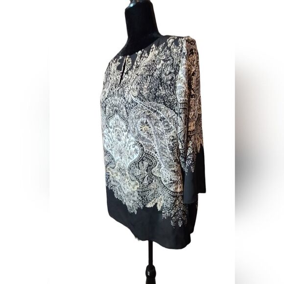 Rose And Olive Tunic Flowy Crepe Black And White Floral Paisle Flowy Sz 1X - Picture 4 of 12